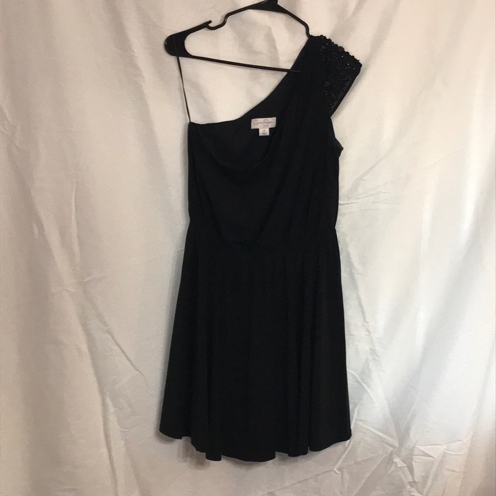 Jessica Simpson dress. Black. One shoulder, beaded. Size M. LBD. Worn, no tag.